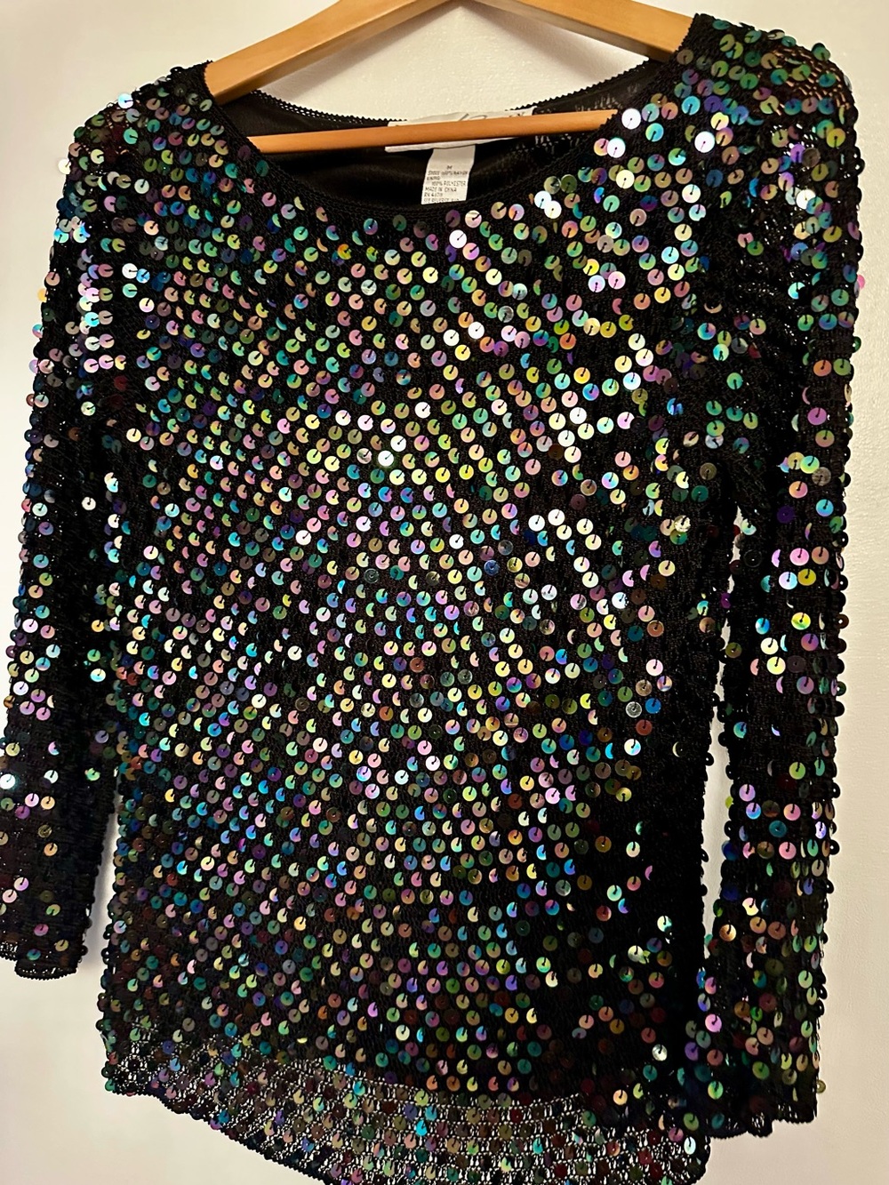 Designer Black Sequin Long Sleeve Top with Iridescent Sequins